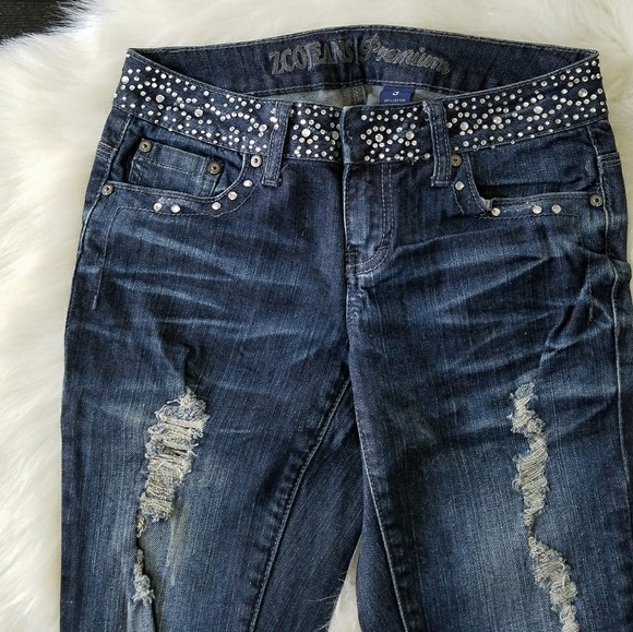 Skinny Dark Wash Ripped Jeans with Rhinestones - Picture 2 of 8
